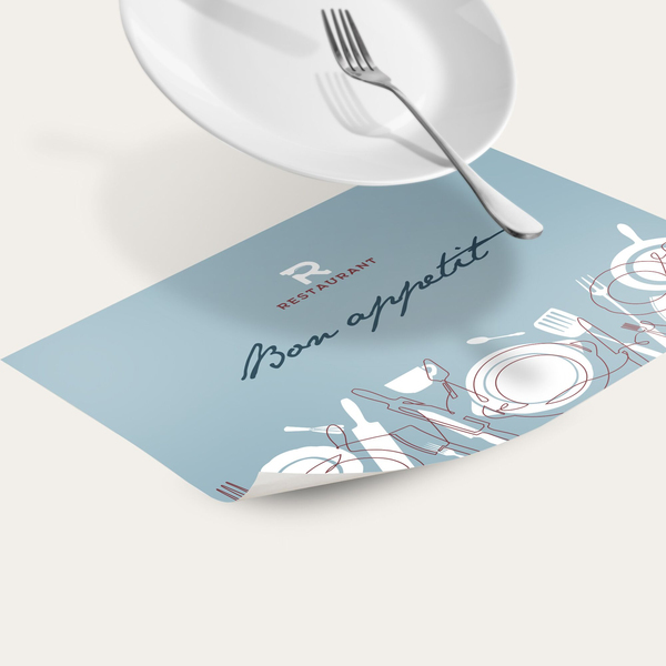 Blue placemat with dining table illustration and decorative typography.