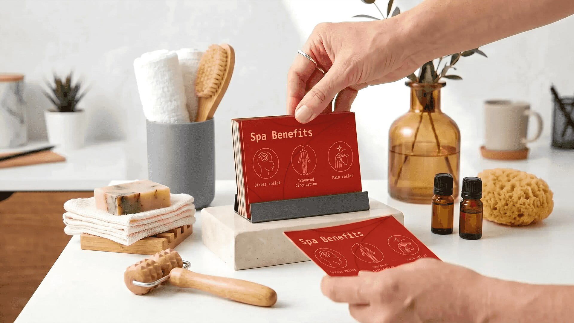 Person placing cards in holder.