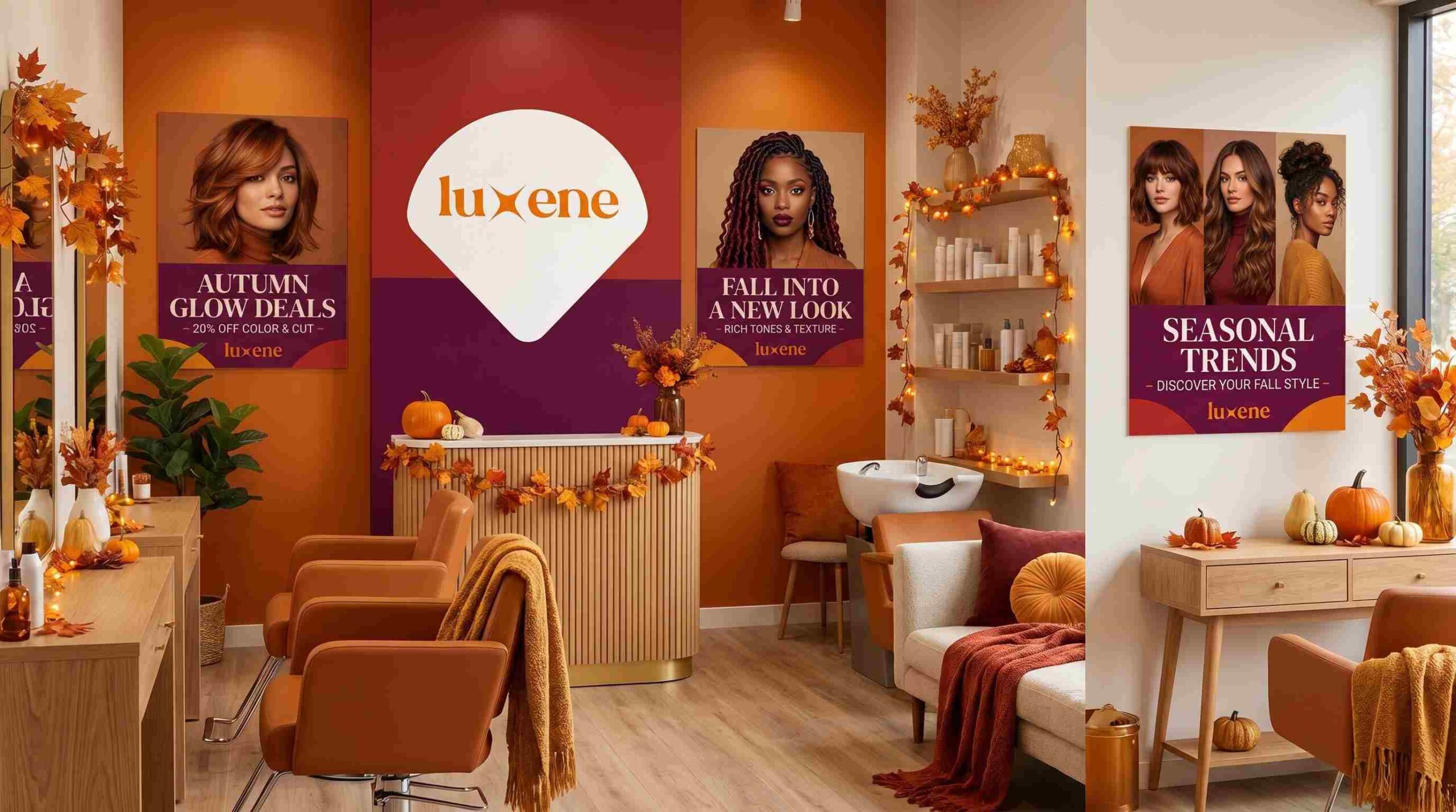 Warm salon decorated with fall pumpkins