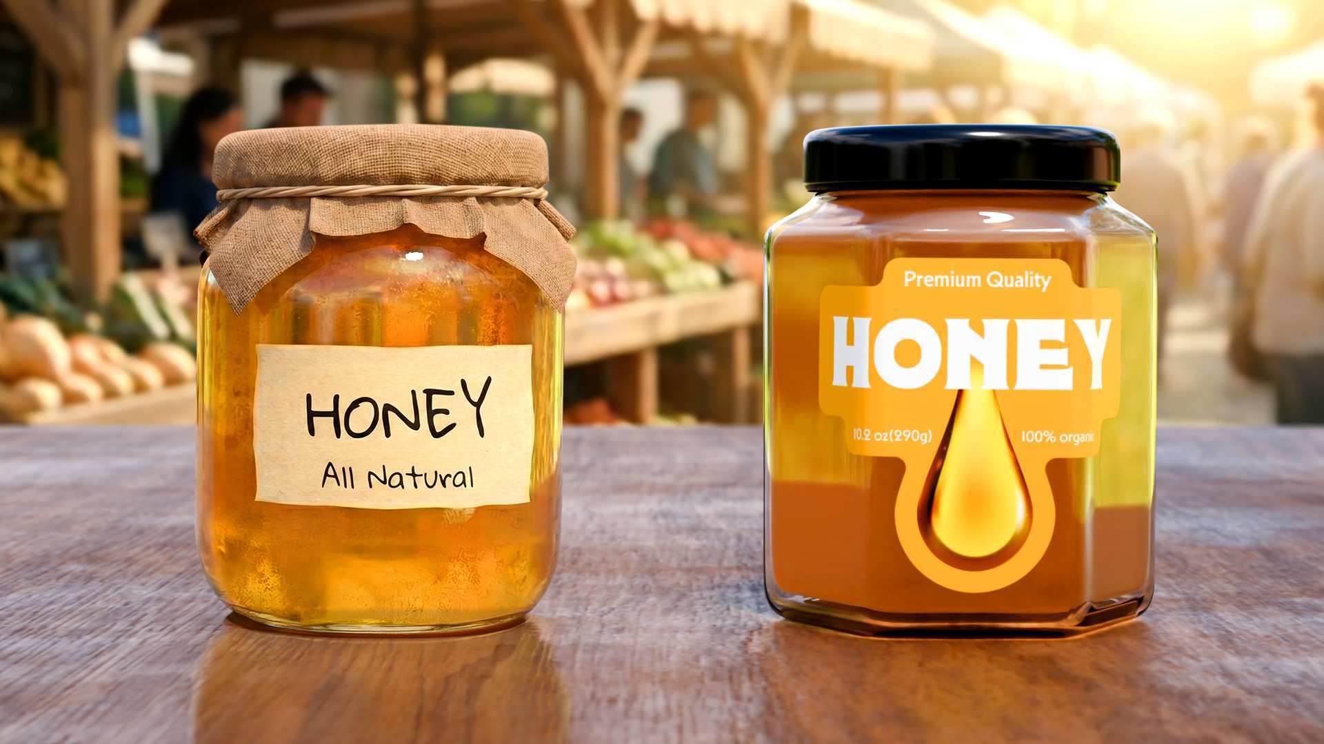 Two honey jars on table.