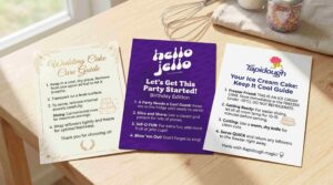 Three different cake instruction cards flatlay.