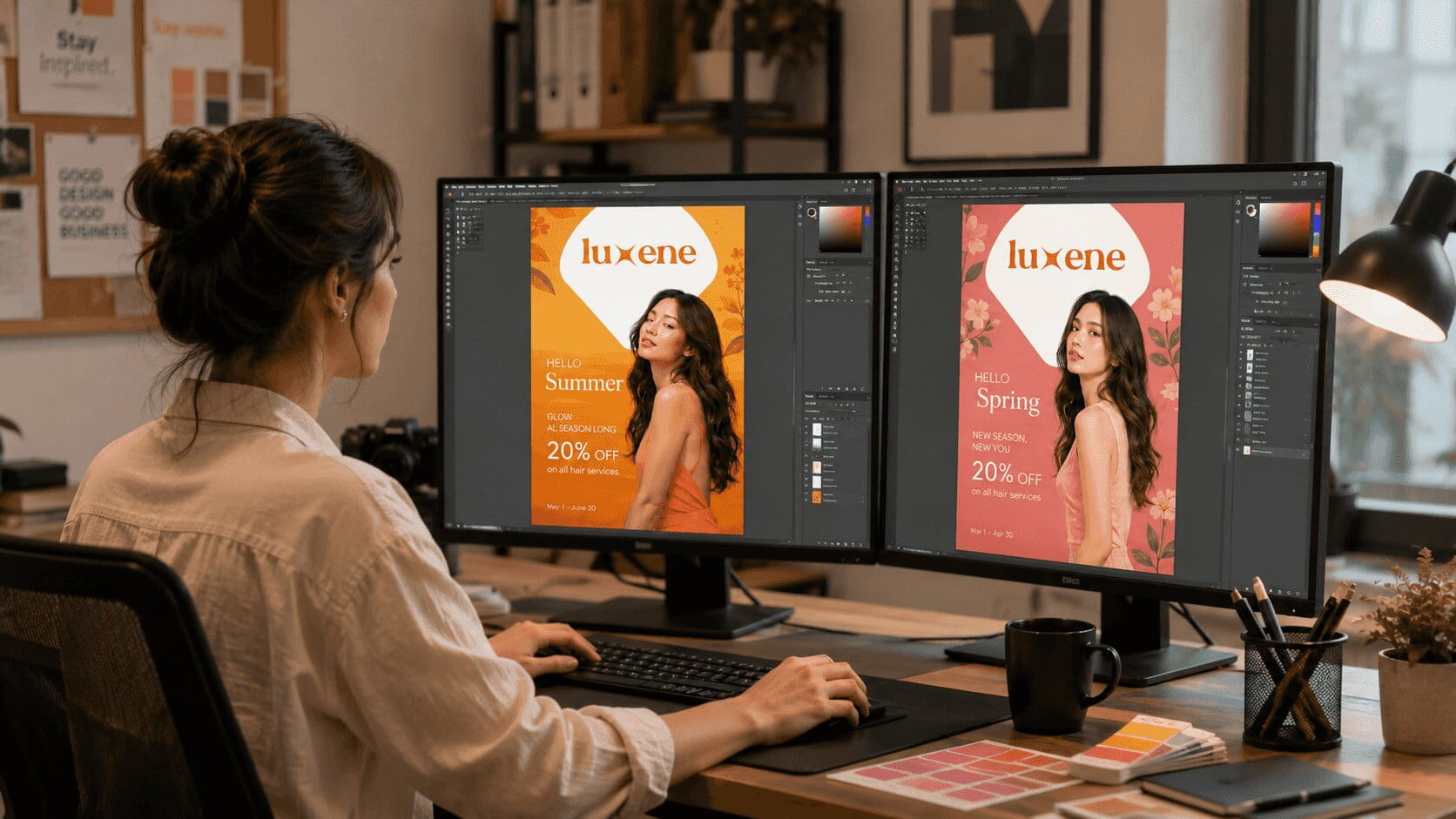 Graphic designer editing dual monitor displays