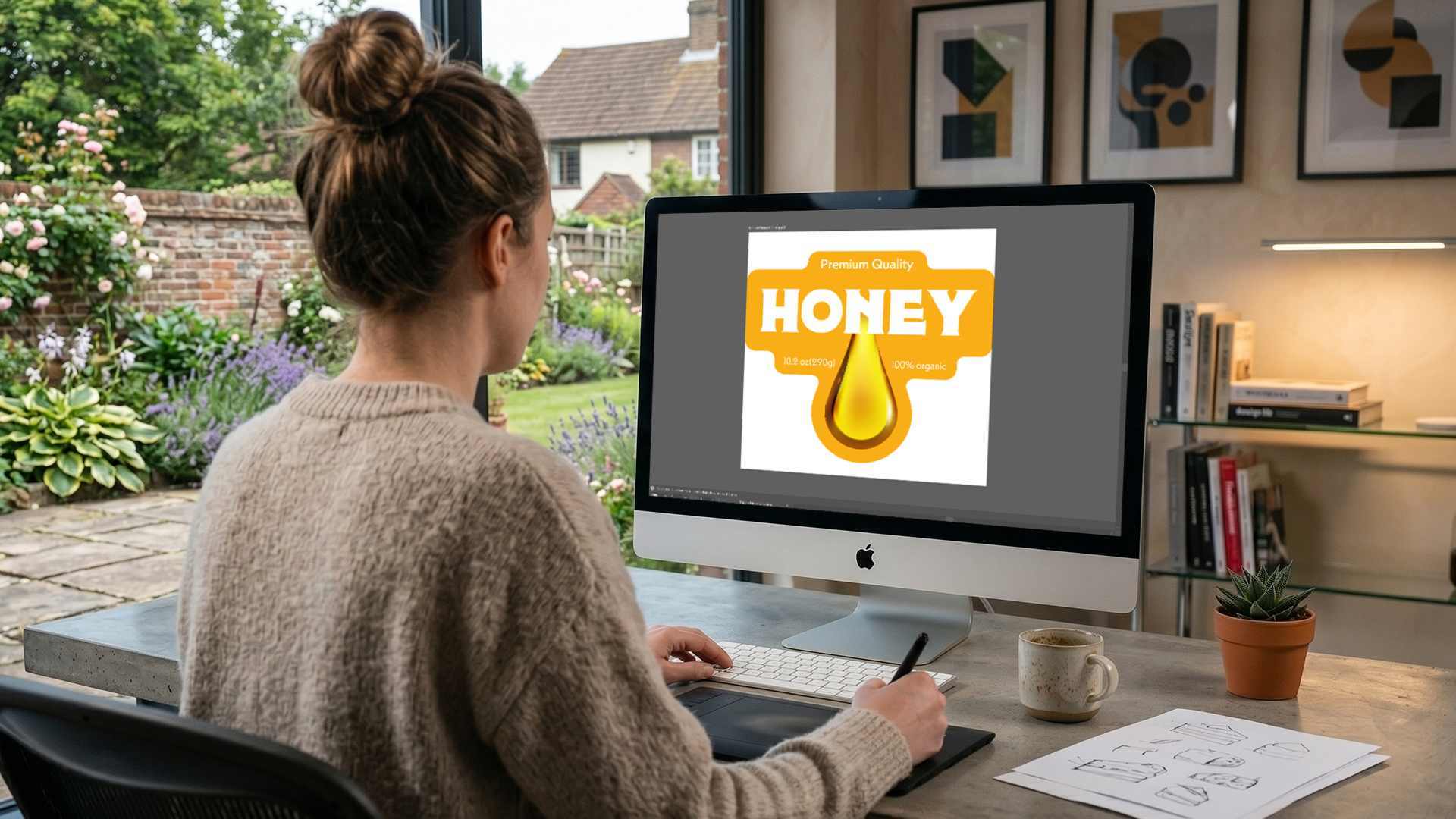 Two honey jars on table.
