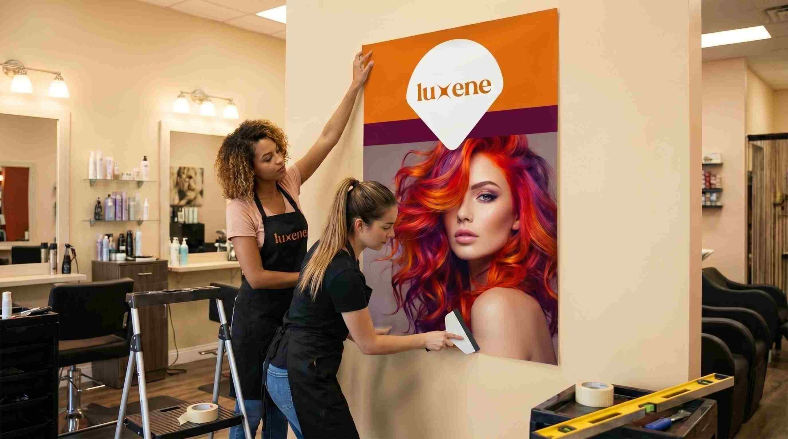 Two women hanging vibrant salon signage