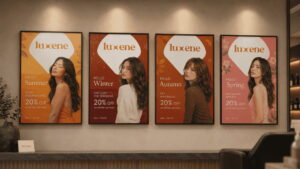 Framed seasonal advertisements on salon wall