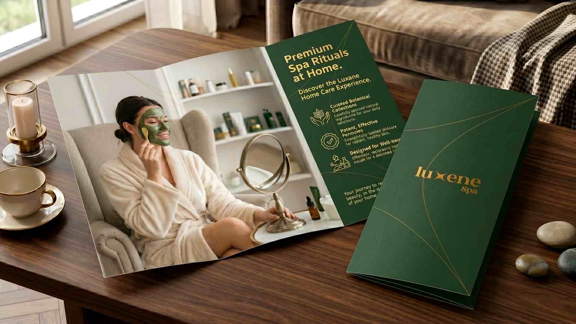 Green brochure showing home spa rituals.