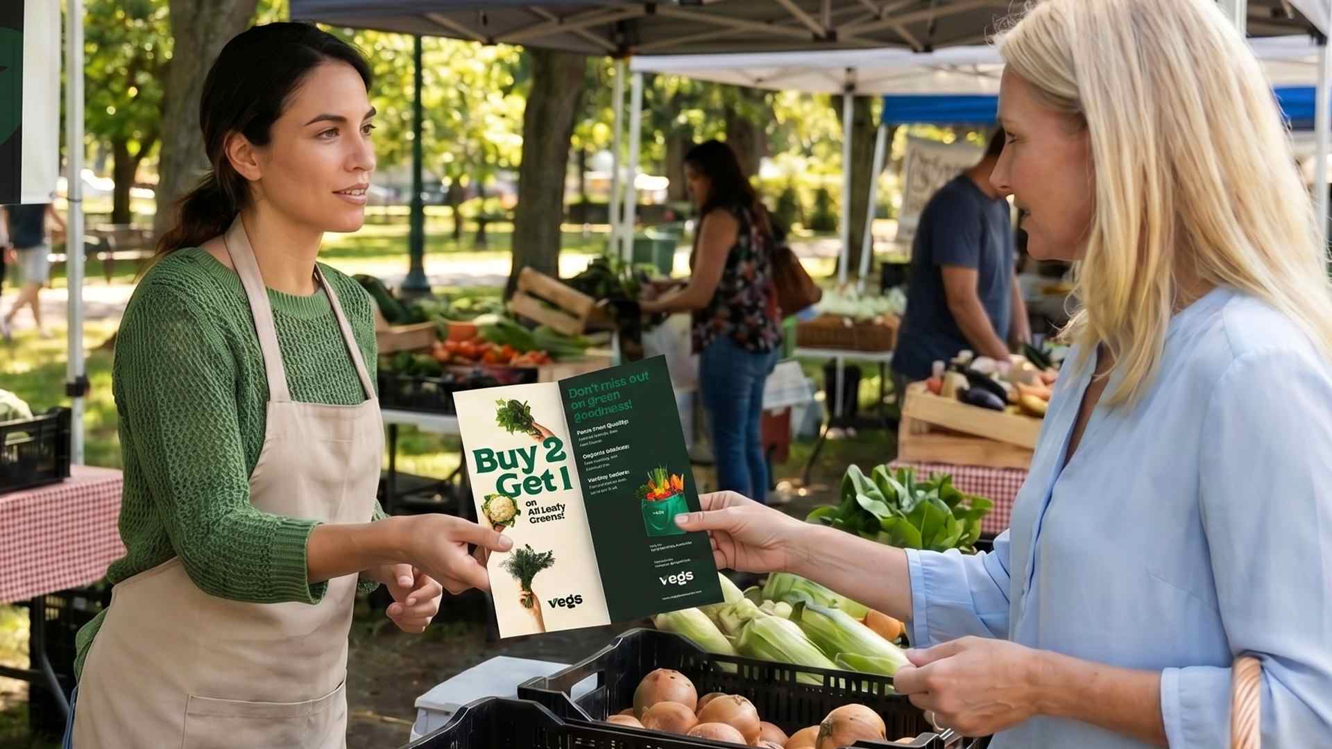 Vendor giving brochure to customer.