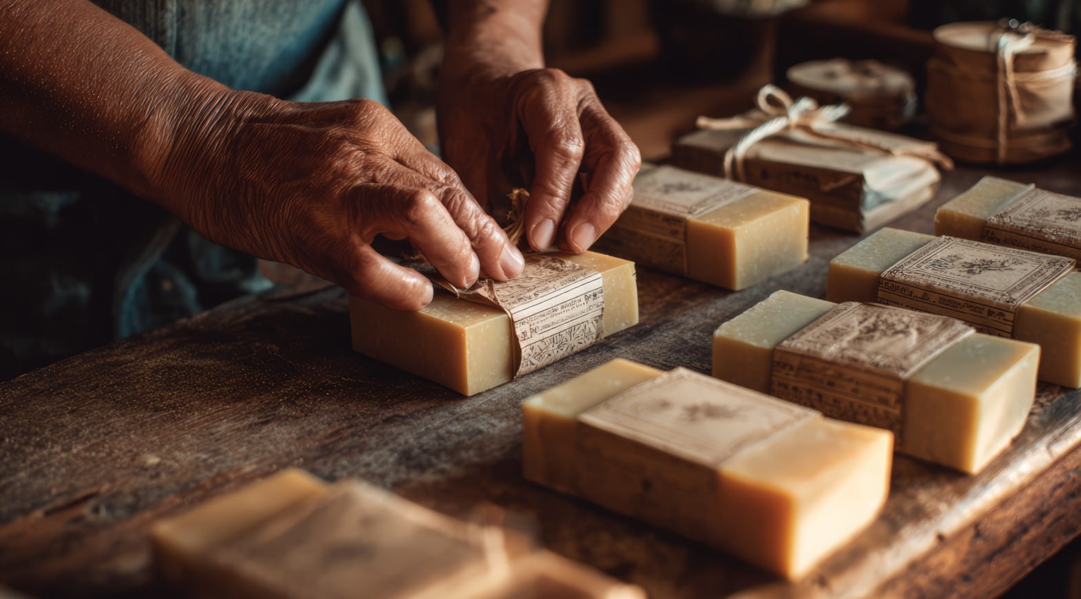 Hands wrapping handmade soap bars with eco-friendly paper packaging