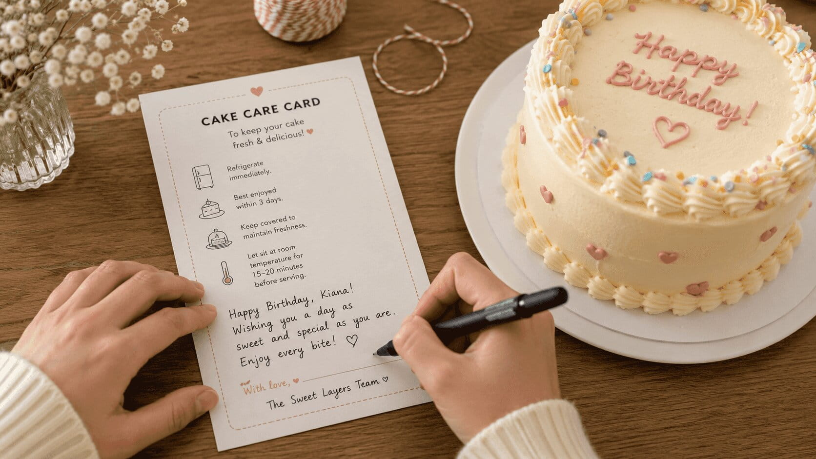 Hands writing note on care card