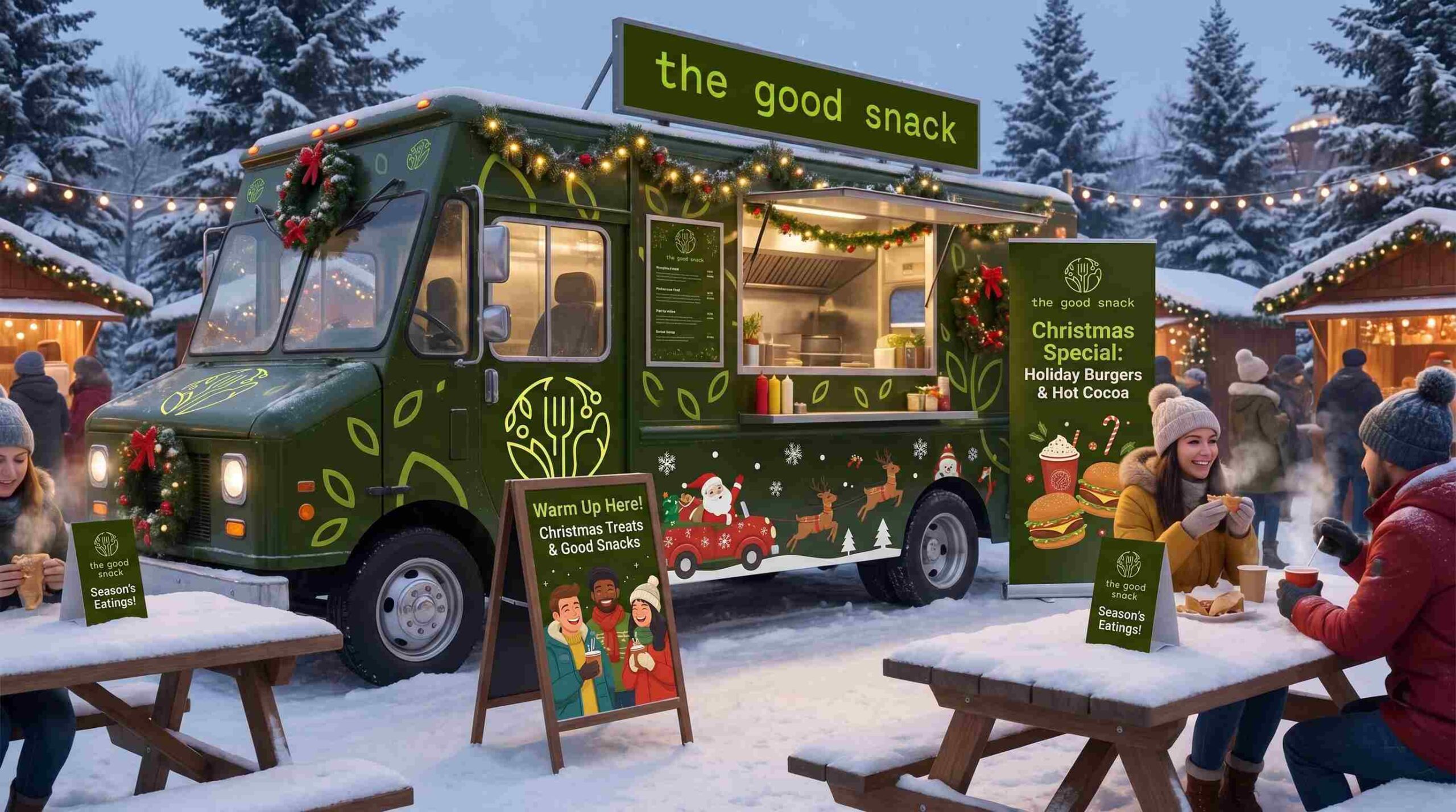 Festive food truck in snow.