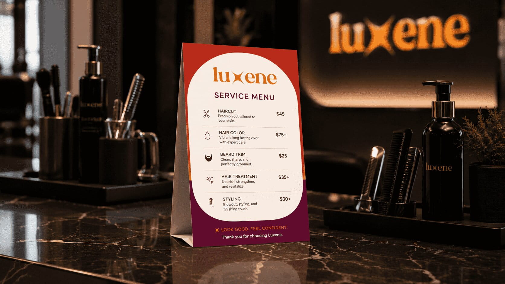 Service menu on marble salon counter.