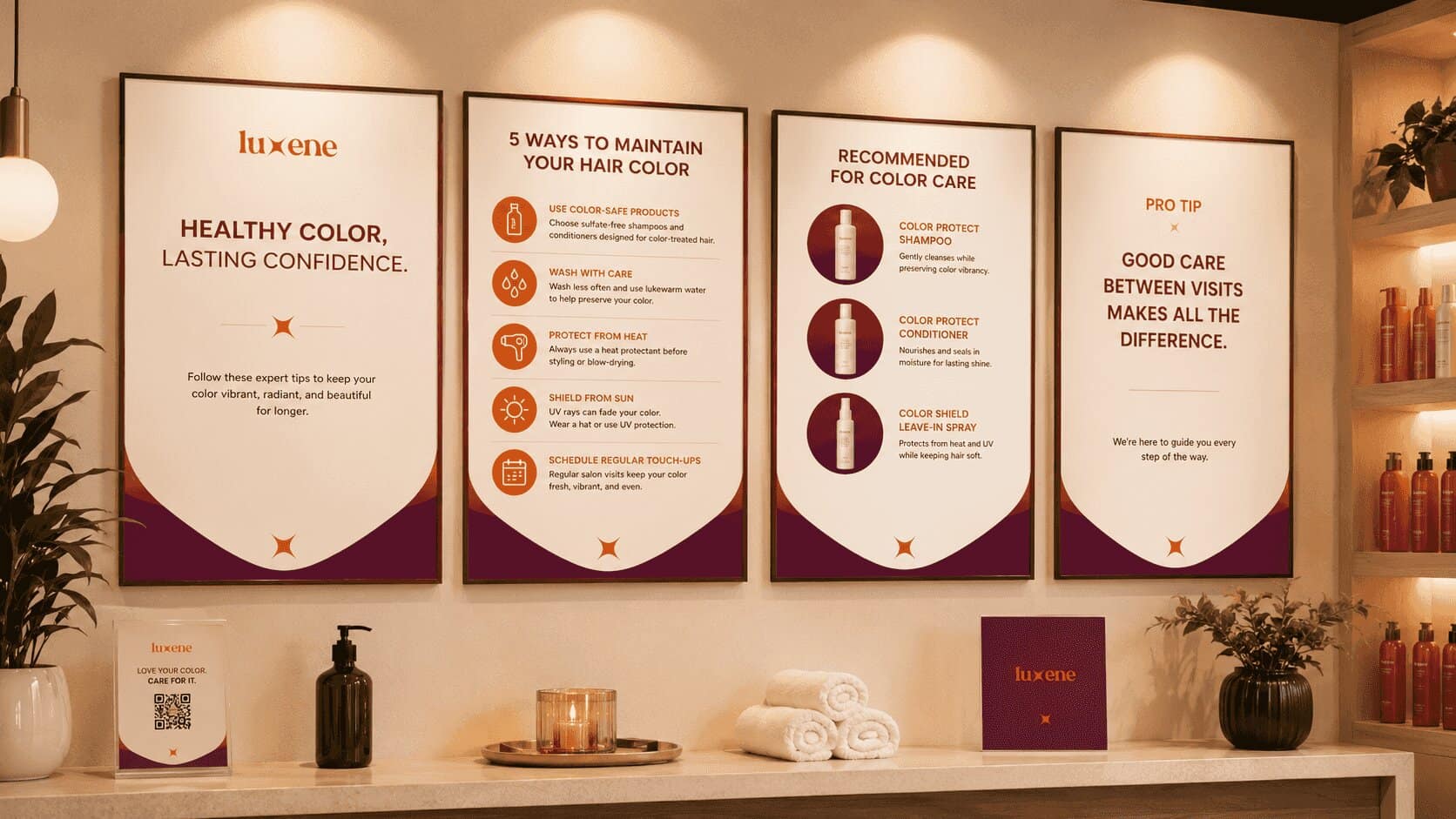 Hair color maintenance guides on wall.