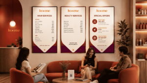 Three large service menus on wall.