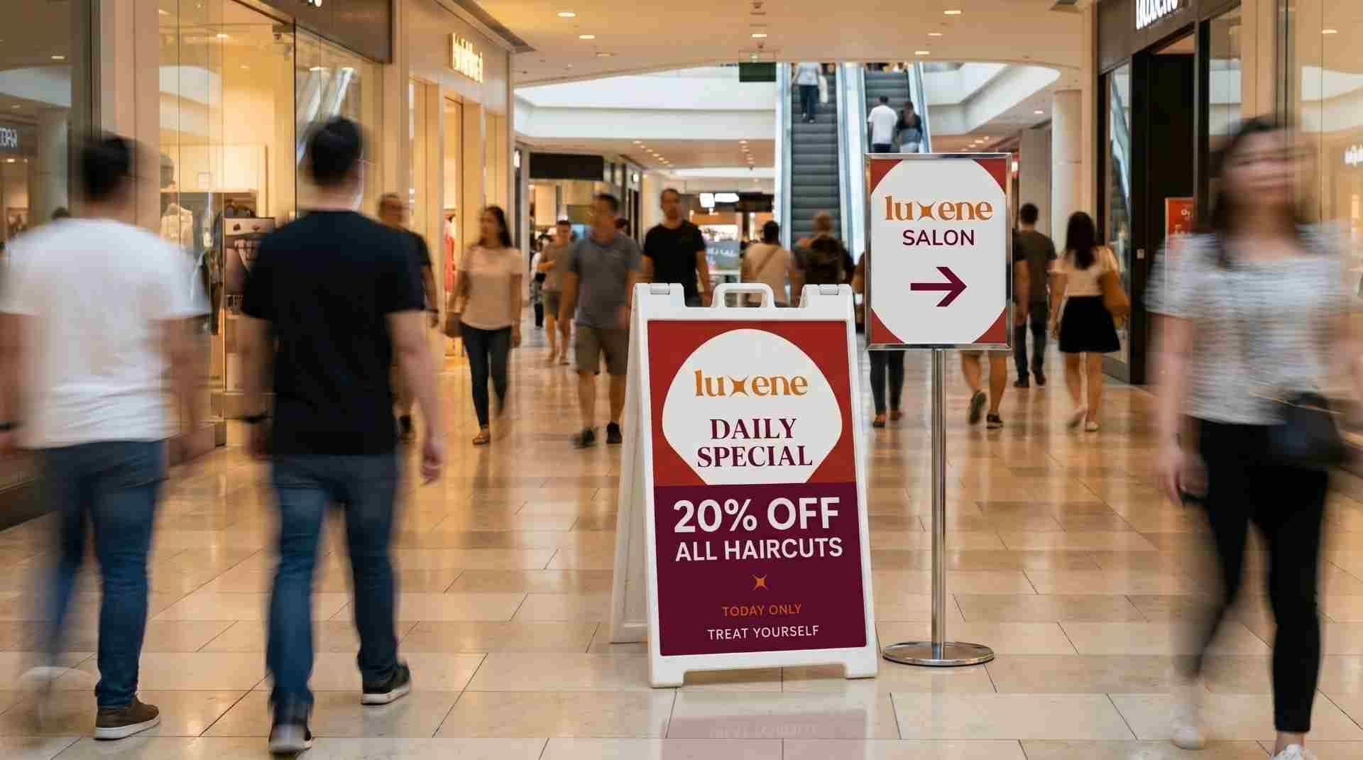 Salon directional signs in mall corridor.