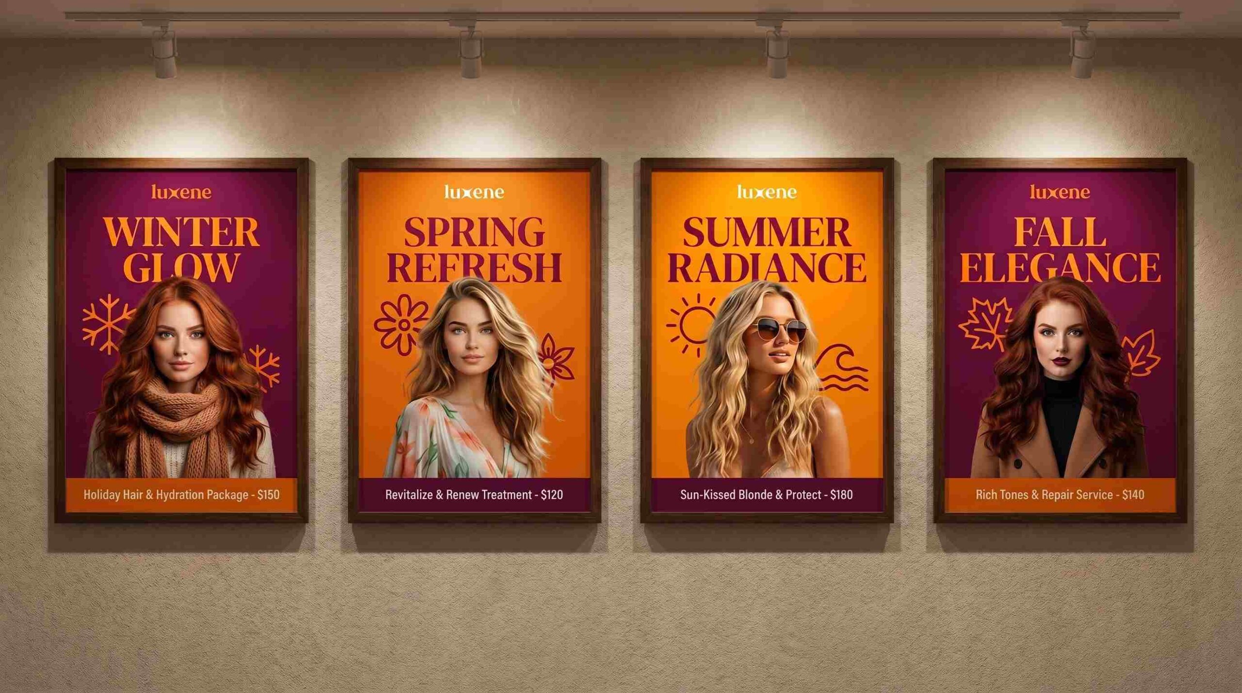 Four seasonal hair service posters hanging.