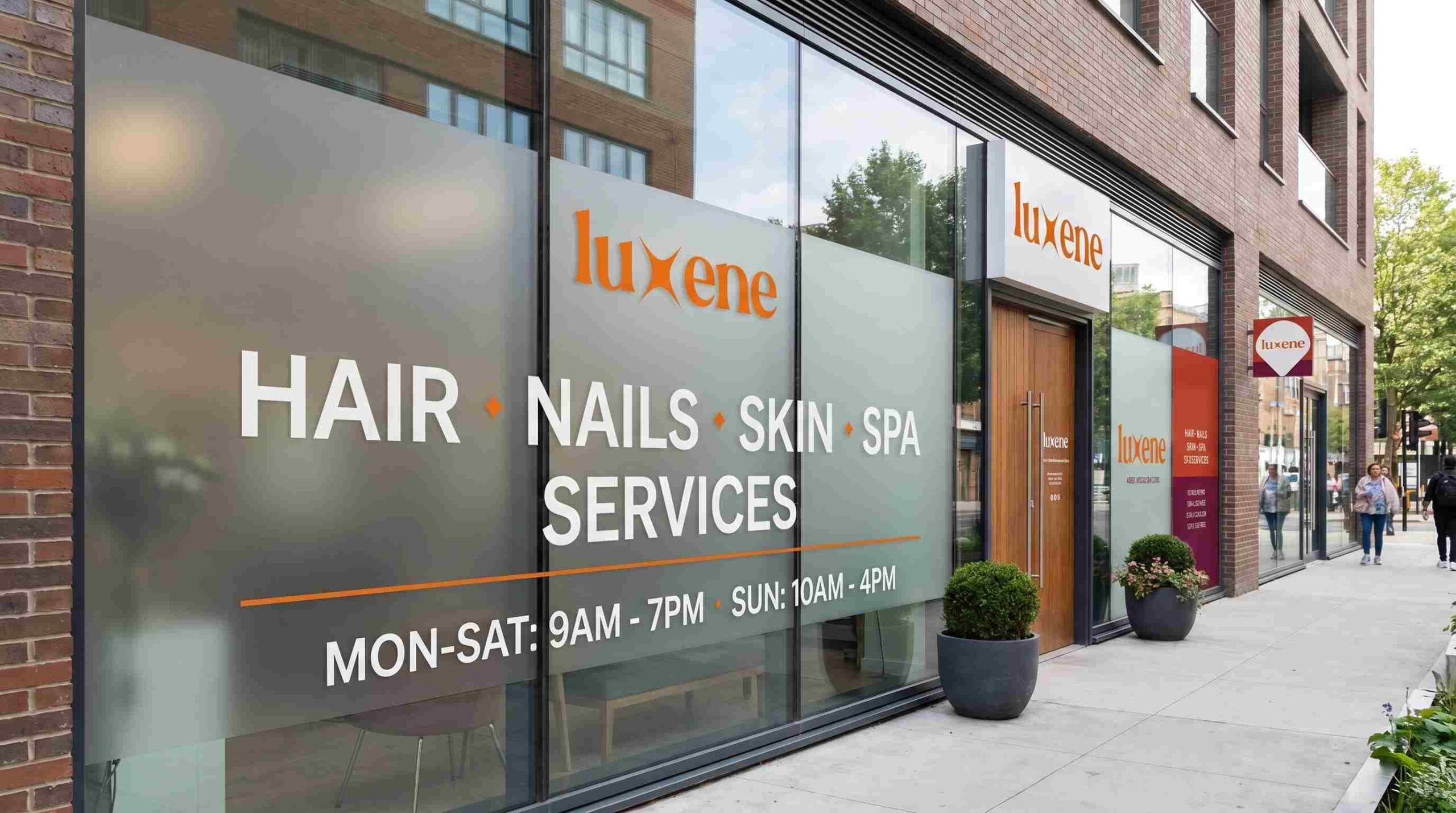 Salon window with frosted service signage.
