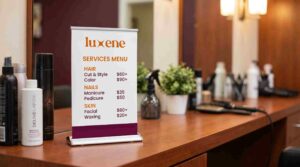 Small service menu stand on counter.