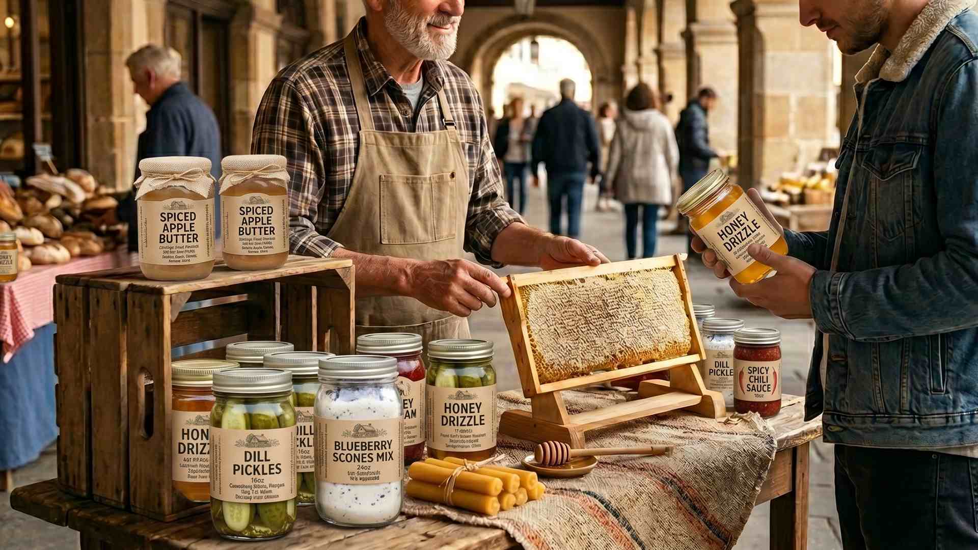 Two honey jars on table.
