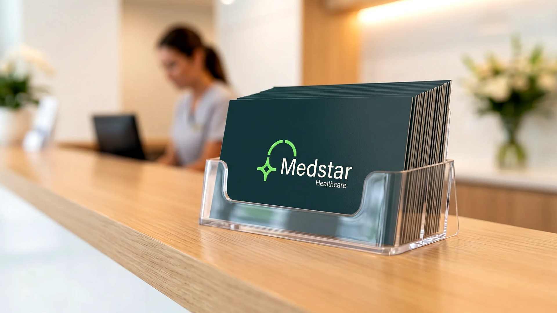 Business cards on reception desk.