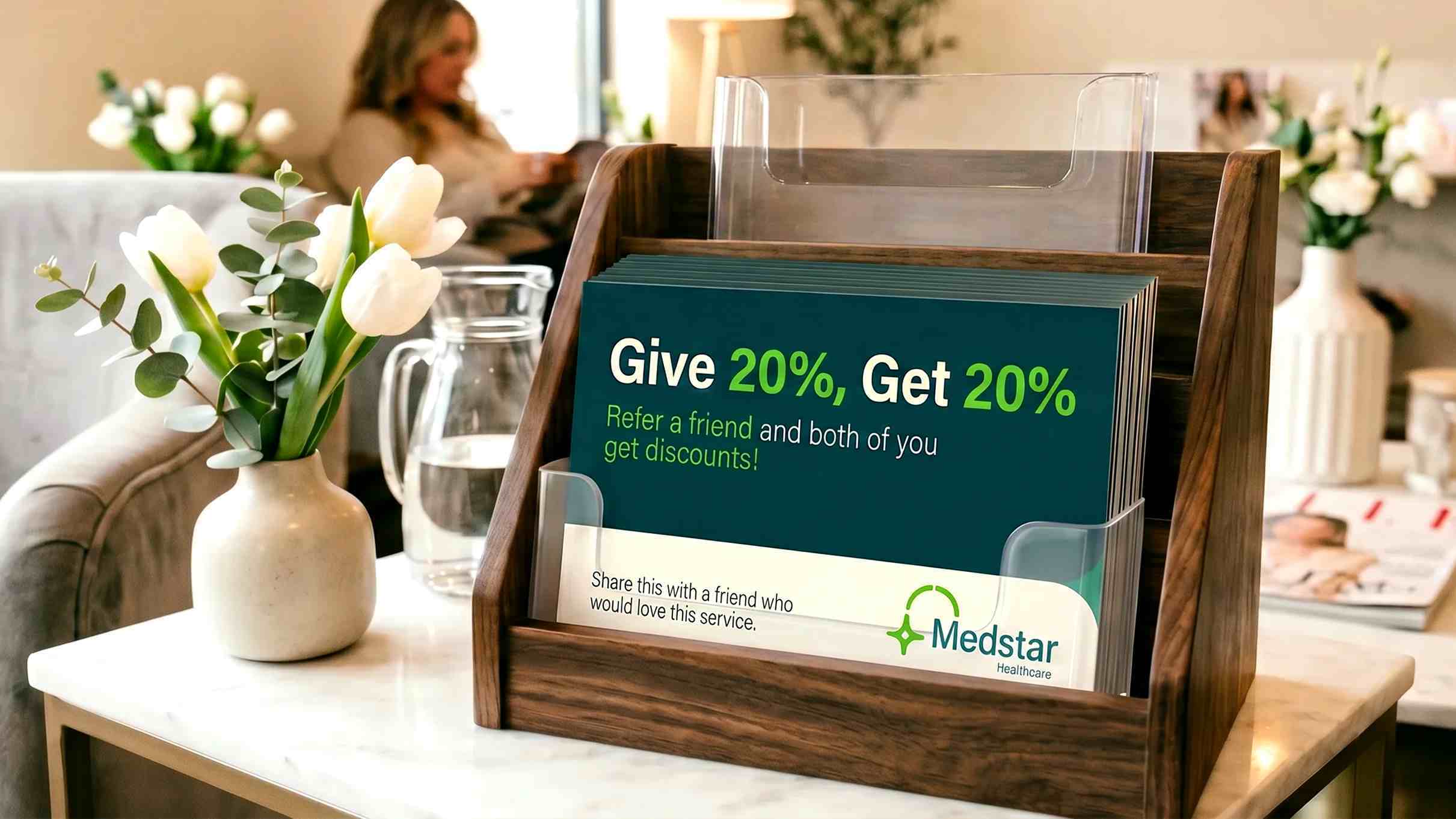 Referral cards in wooden holder.