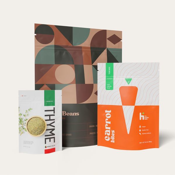 Custom printed stand-up pouches with branded packaging designs for retail products