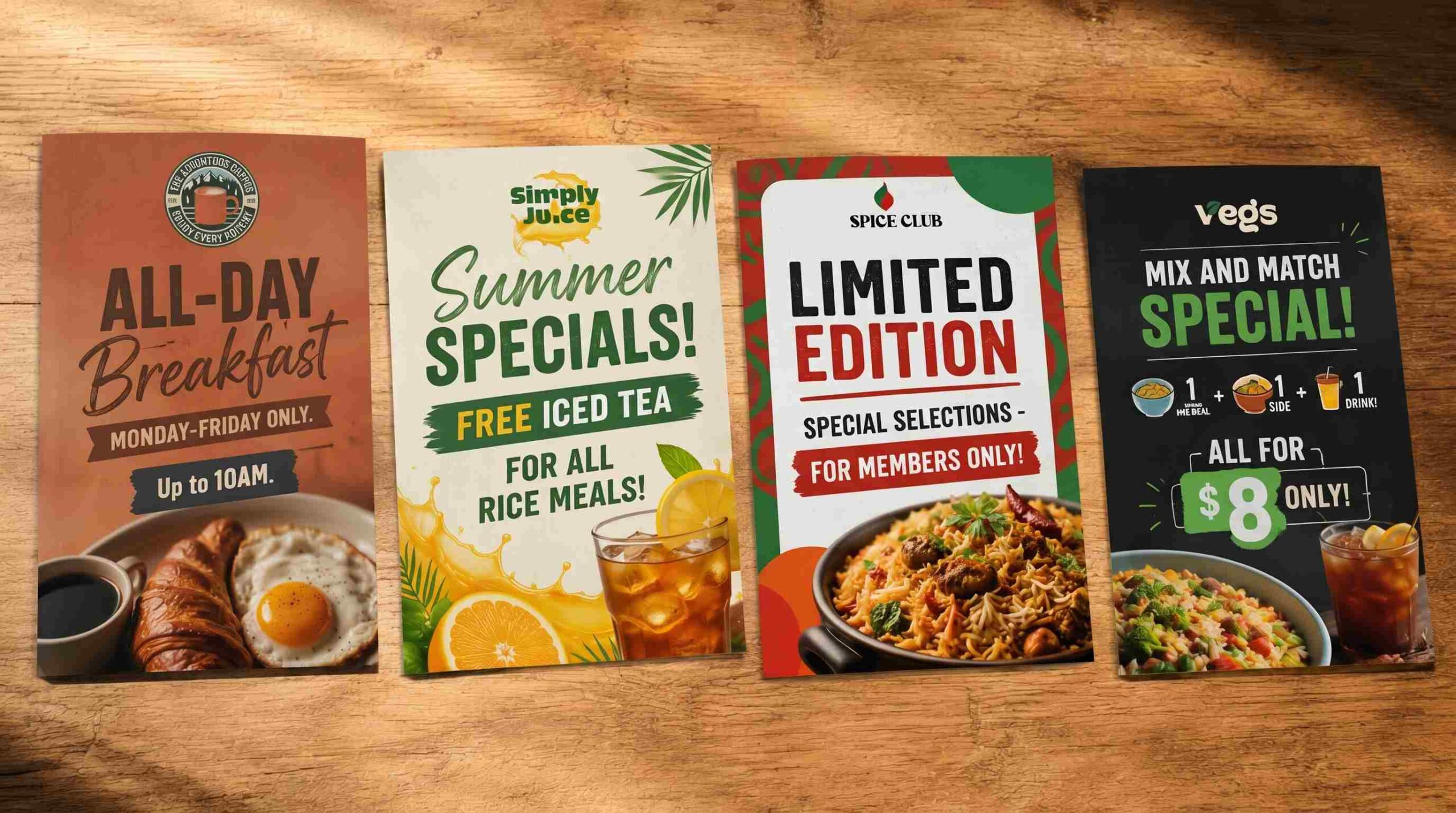 Four food special flyers displayed.