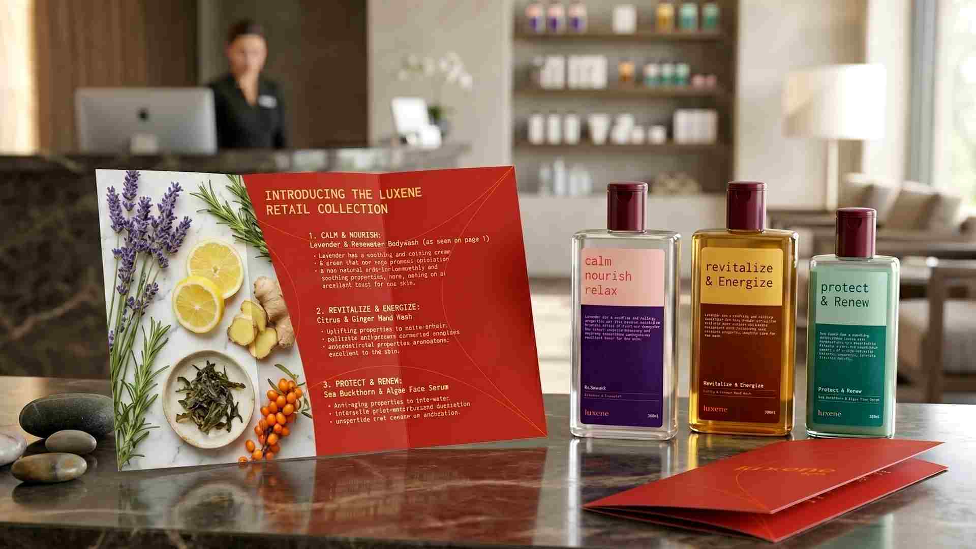 Retail product bottles next to brochure.