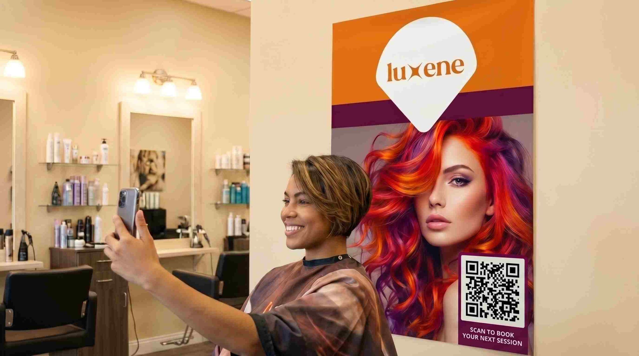 Smiling woman taking selfie near poster