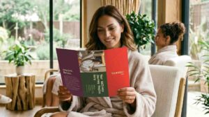 Customer relaxes in lounge holding Brochure