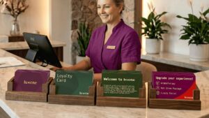 Receptionist behind displayed service cards.