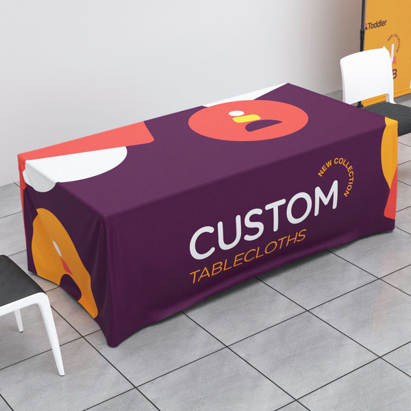 Custom printed tablecloth with branded graphics for trade shows and promotional displays