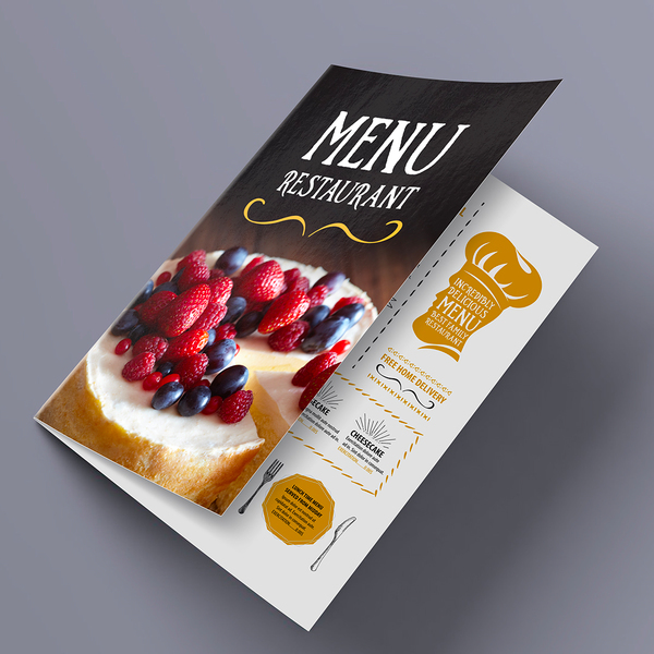 Restaurant menu flyer with dessert image and gold-accent design.