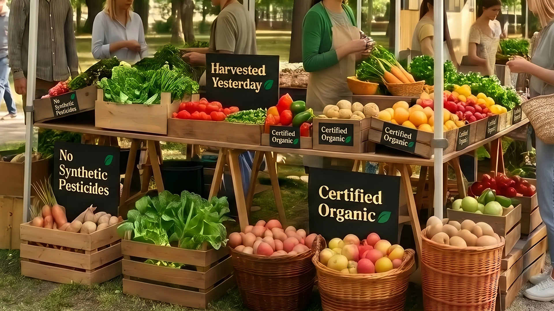 Fresh produce stand with organic certification signs