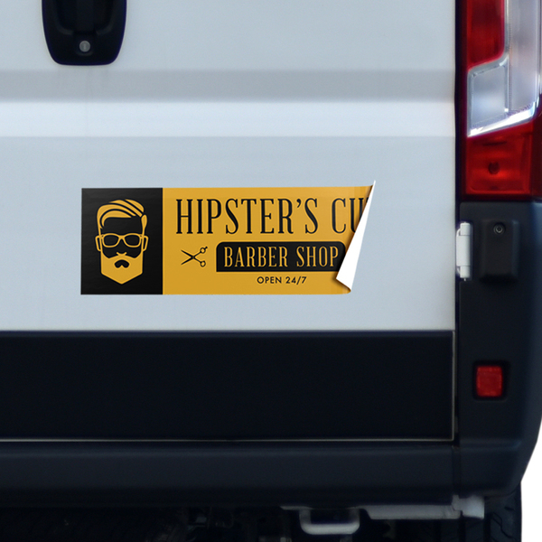 Custom bumper sticker applied to a vehicle for business branding and advertising