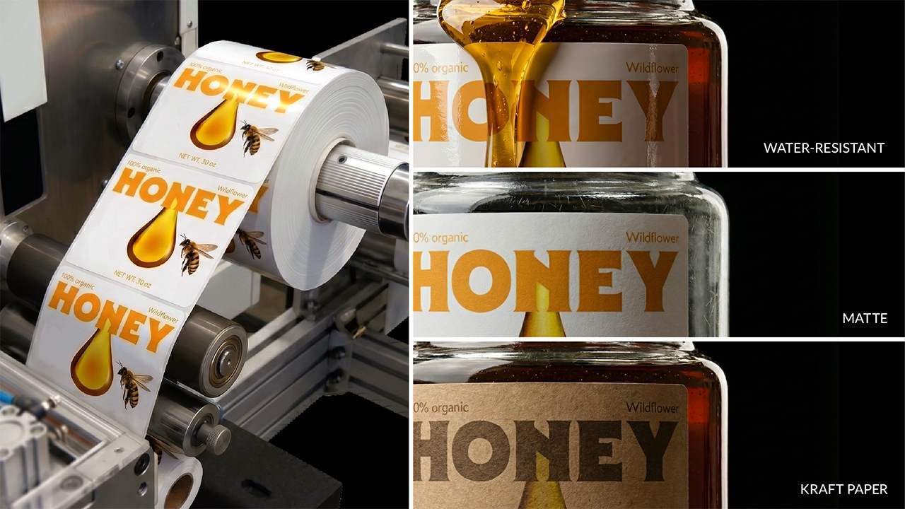 Honey labels printed on rolls with different material finishes