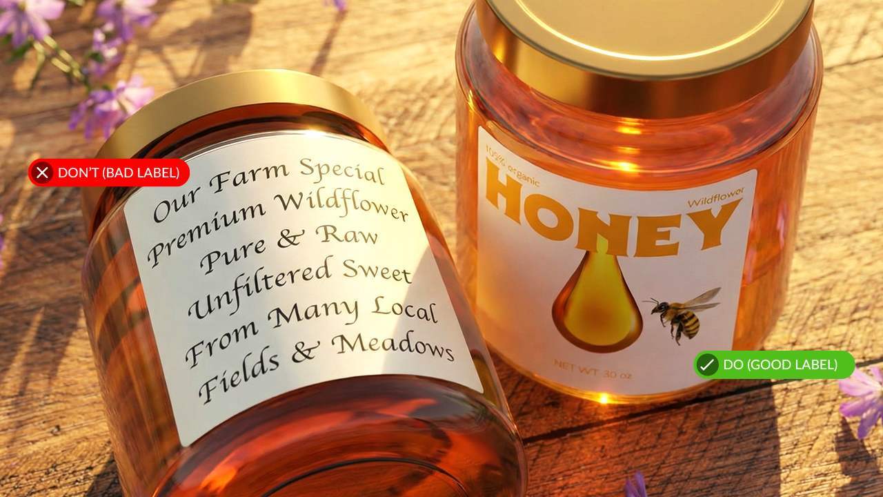 Two glass honey jars with gold lids and labels