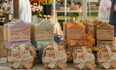 Handmade artisanal soaps with kraft paper labels