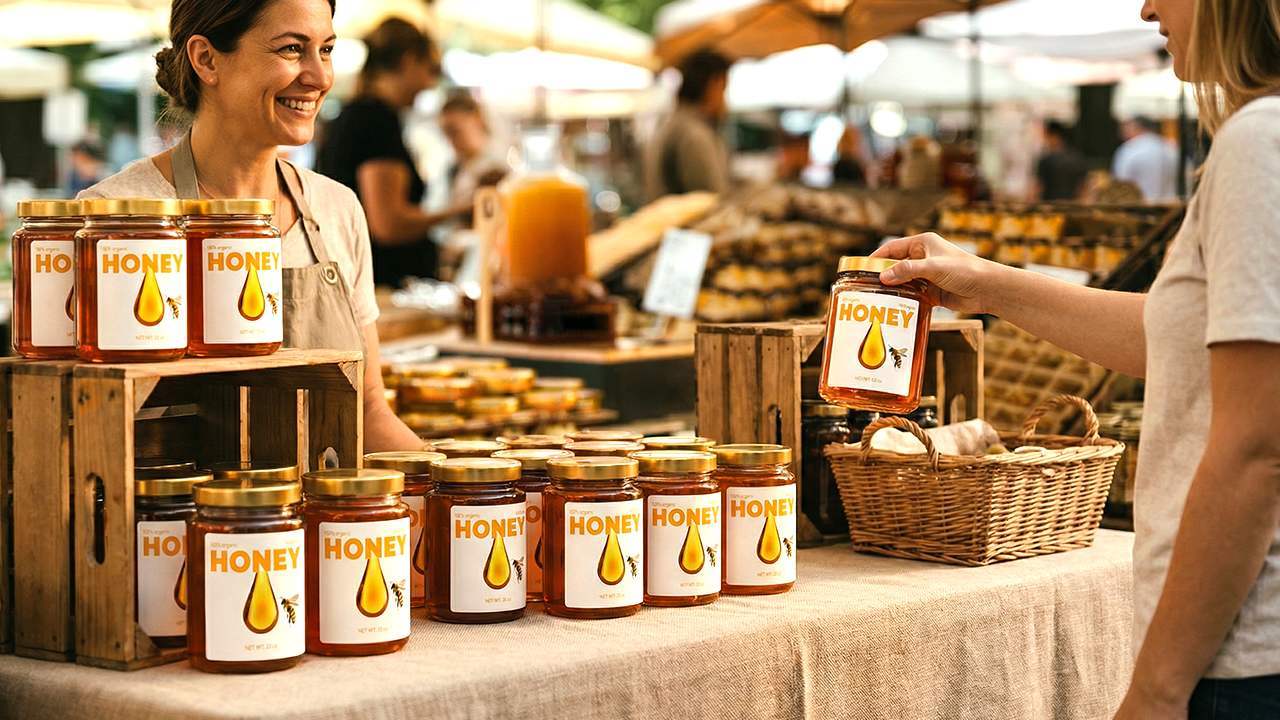 Honey jars with custom labels displayed at a market stall