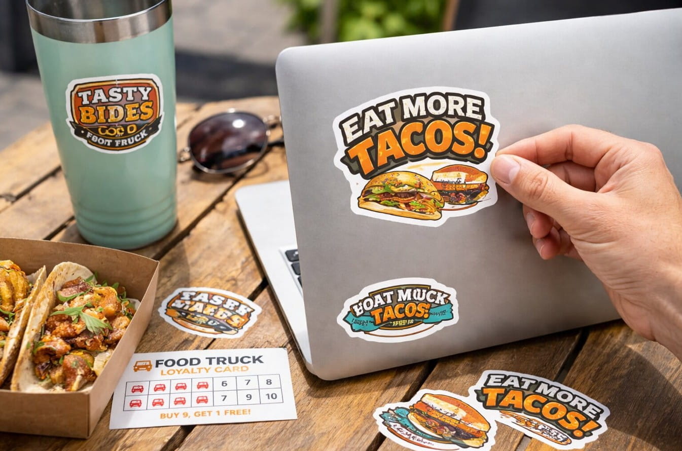 A hand applying taco-themed stickers to a laptop on a wooden table