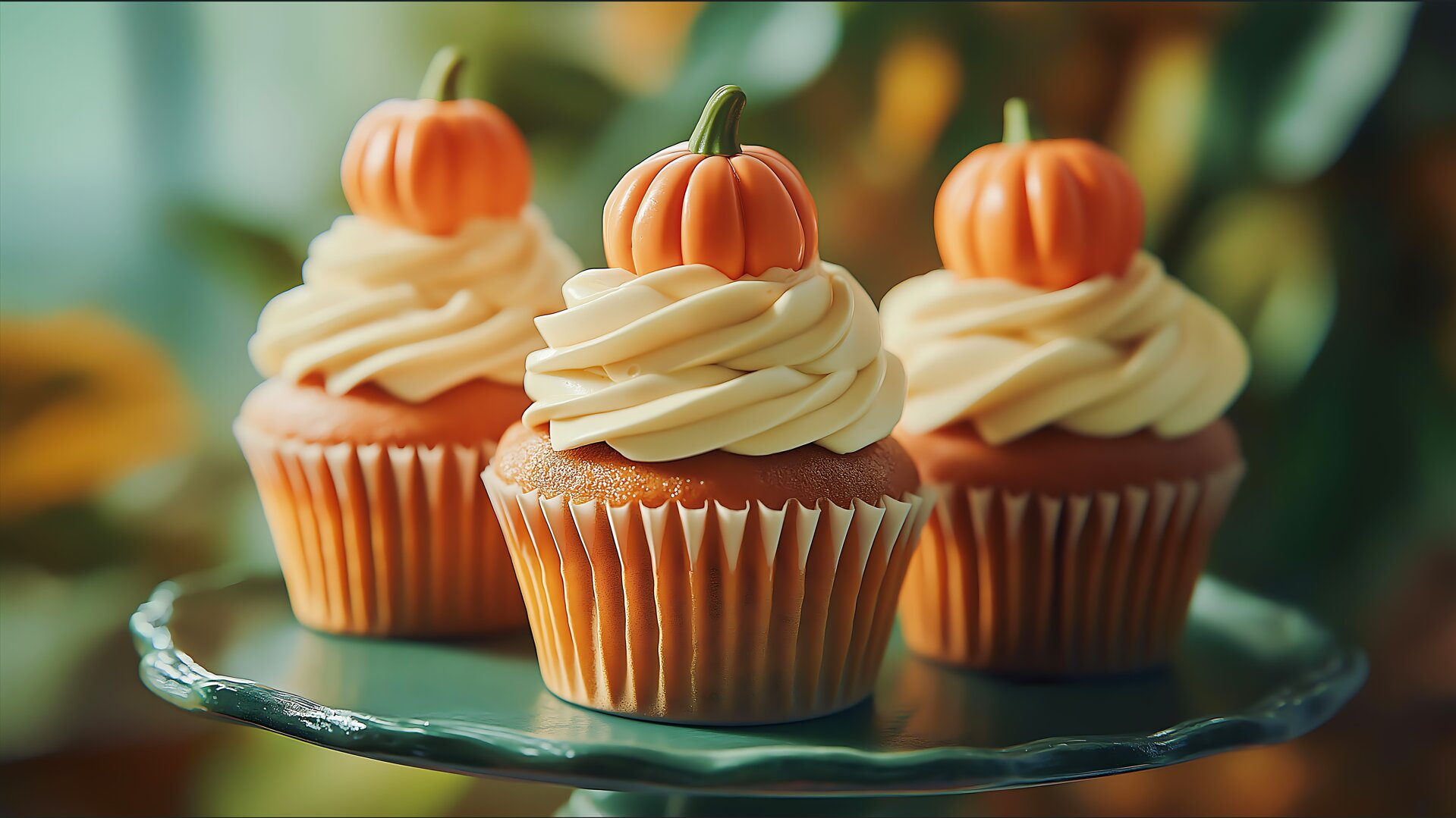 Three pumpkin‑topped cupcakes with swirled frosting displayed on a glass dessert stand