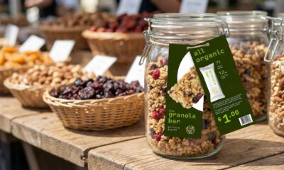Glass jar of granola with a green organic label