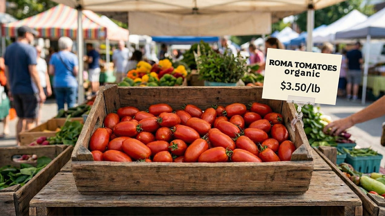 roma tomatoes sold at a farmers market