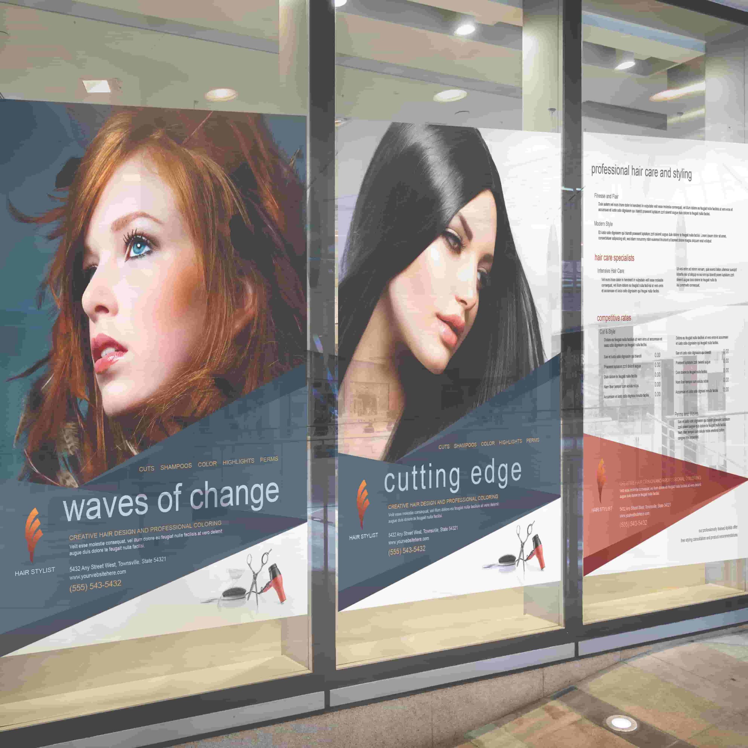 Salon window posters displaying promotional signage