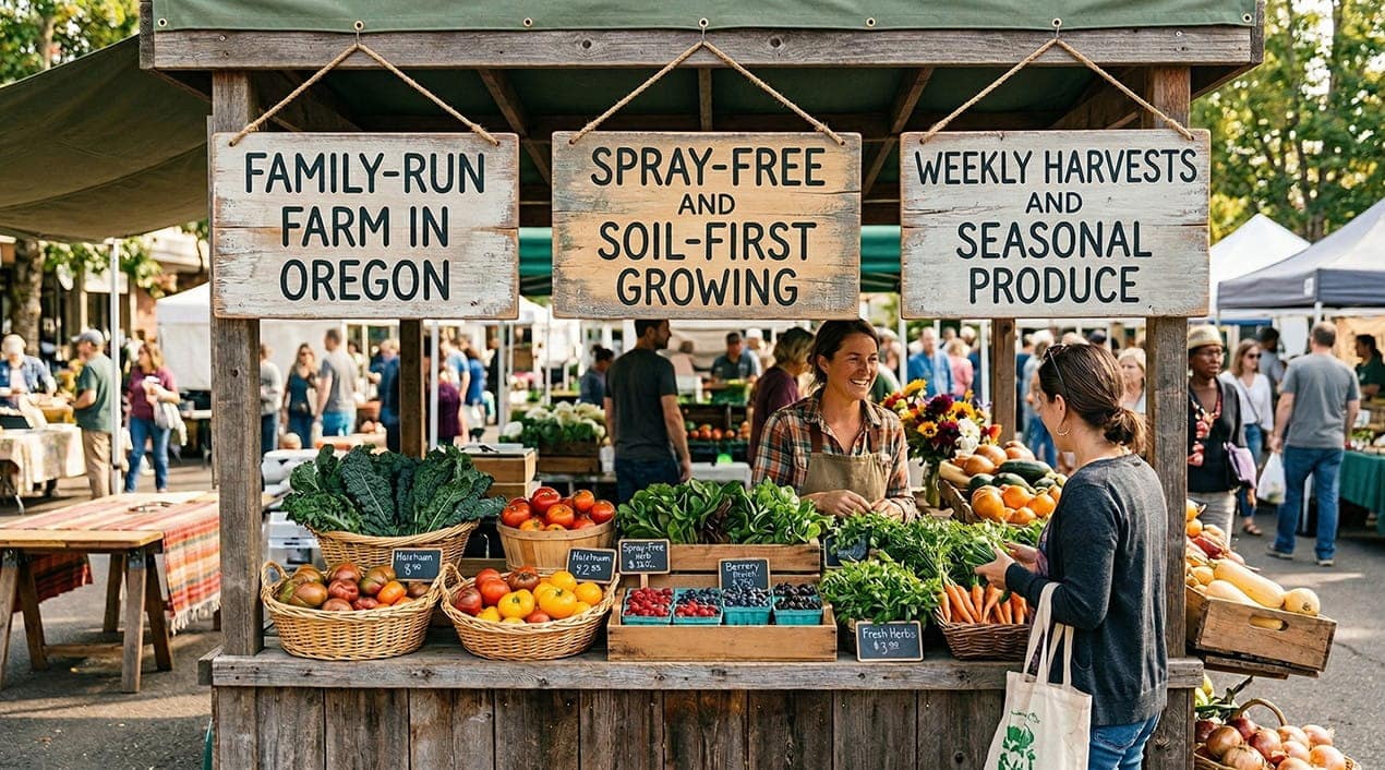 family-run farmers market stall with signages