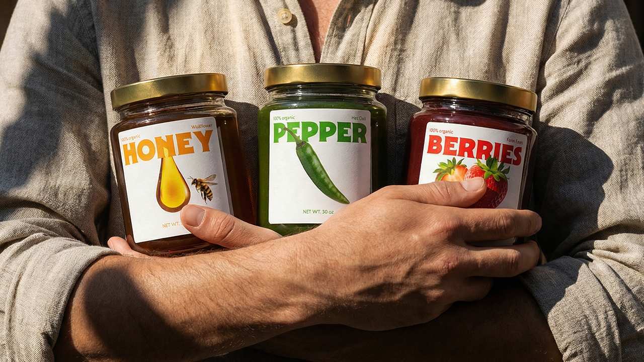 Holding three labeled glass jars