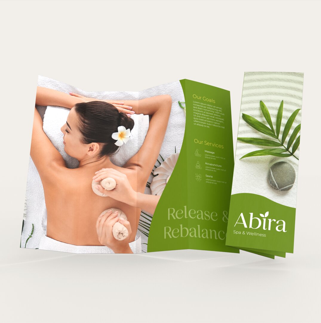 A tri‑fold spa brochure with a massage image and green botanical design