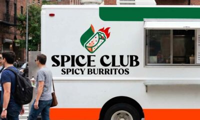 Close-up of a food truck logo reading Spice Club Spicy Burritos