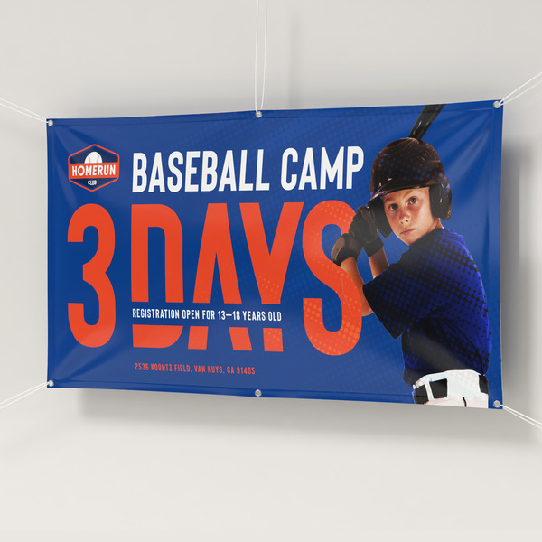 Hang banner with sports camp promotional design and athlete imagery