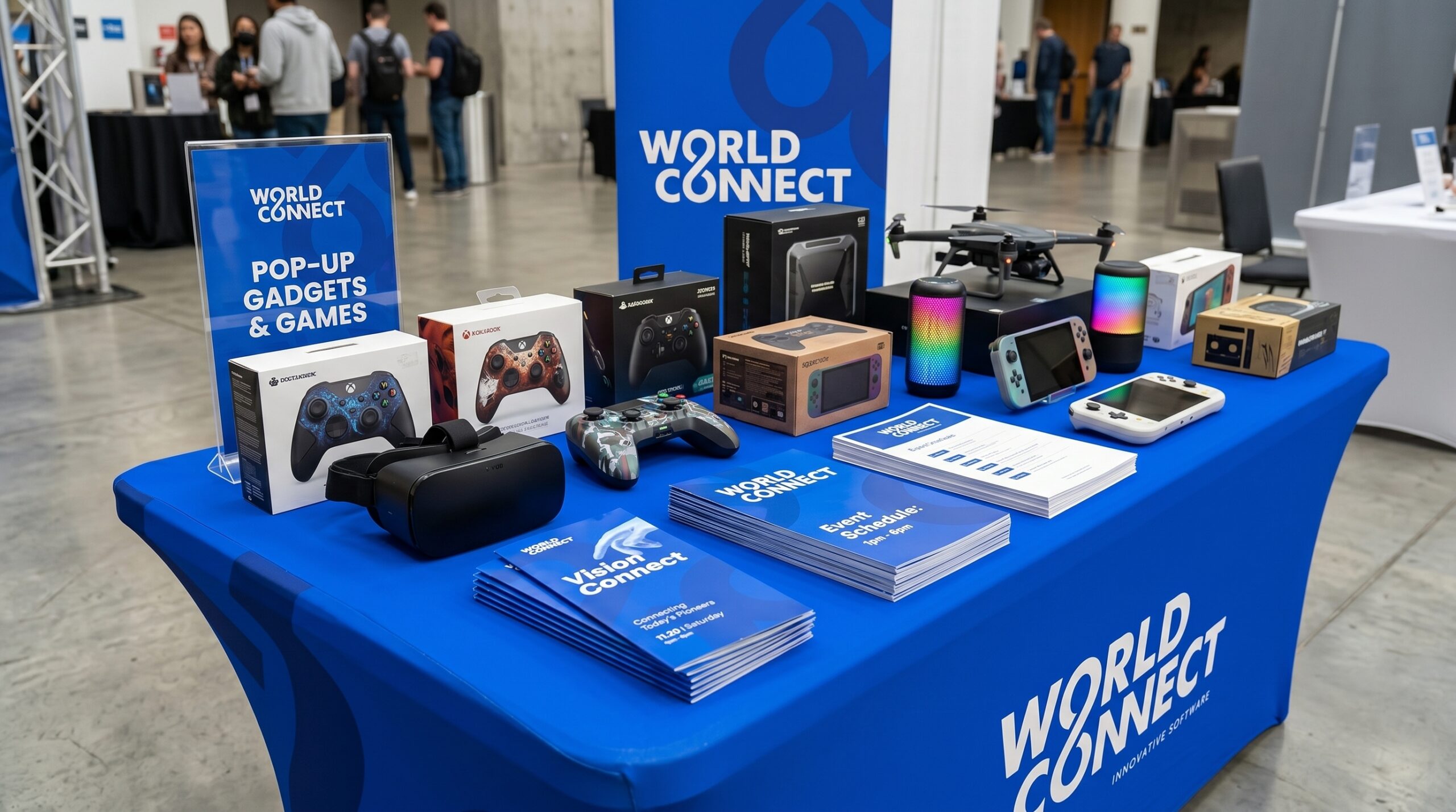 Branded giveaway table with gaming gadgets and brochures