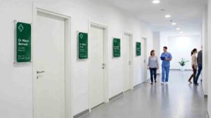 Green signs beside white doors.